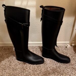 Burberry Black Leather Roscot Belted Rain Boots - size 37